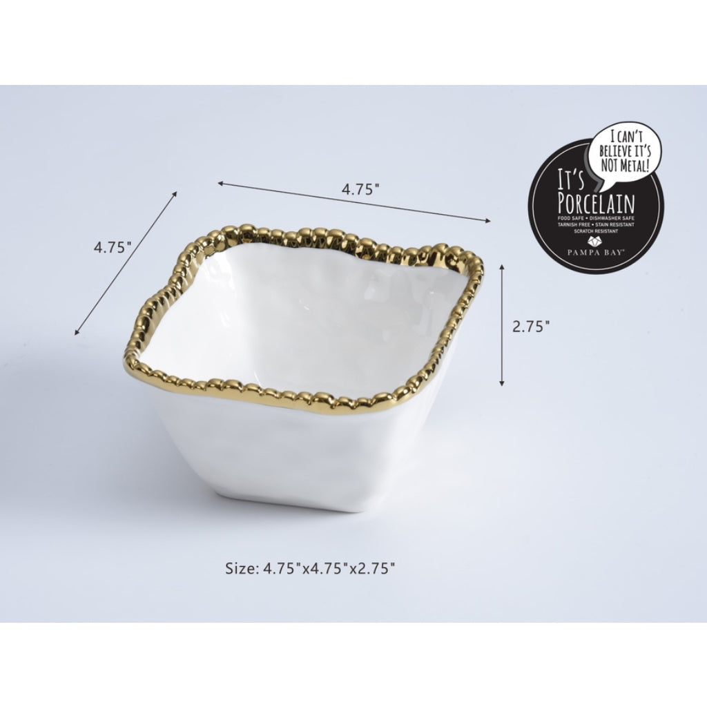White decorative bowl with gold rim and measurements on a light gray background
