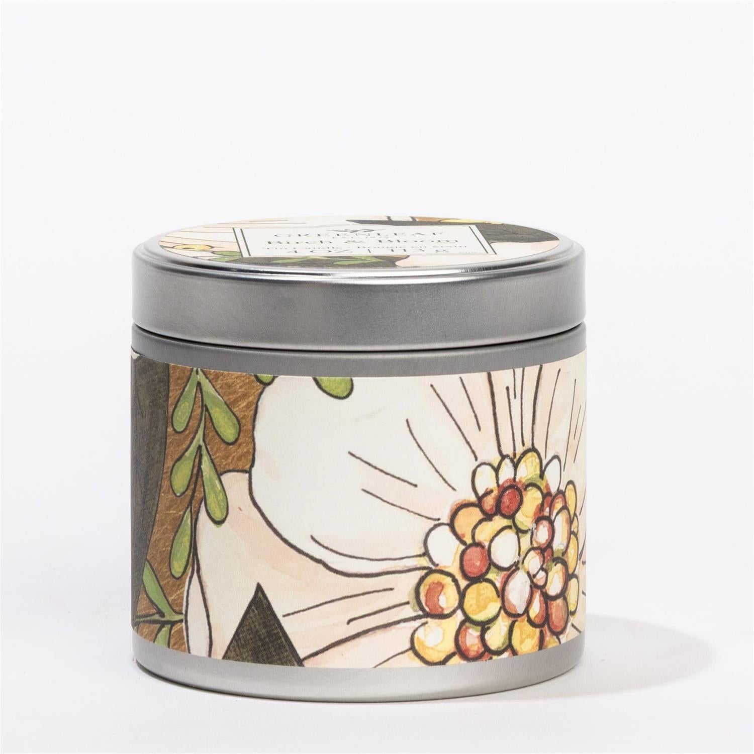 Candle tin with artistic design on a white background