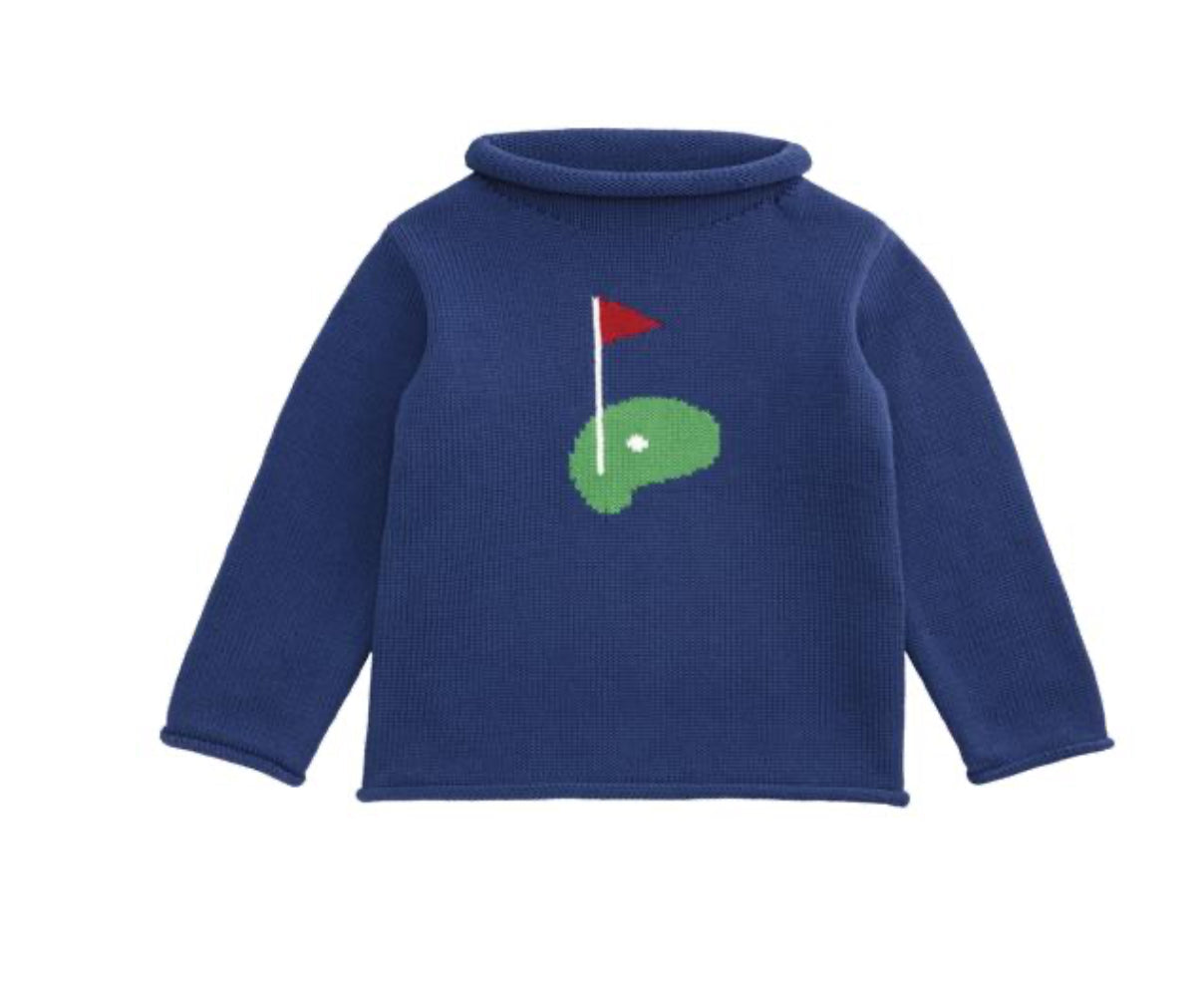 Blue sweater with golf course design on a white background