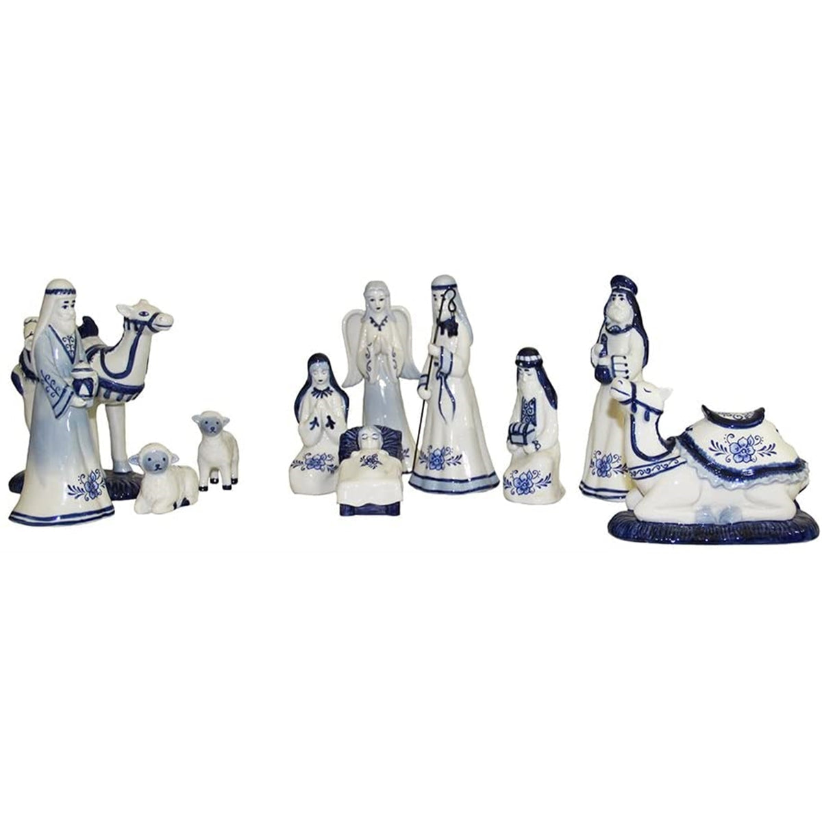 An 11 piece ceramic nativity in painted white and blue delfte style. Includes 3 wise men, Mary and Joseph, Baby Jesus in the manger, an Angel, 2 small lambs, a camel standing up and a camel lying down