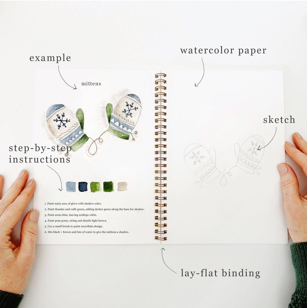 Open notebook with illustrations and text on watercolor paper, step-by-step instructions, and lay-flat binding.