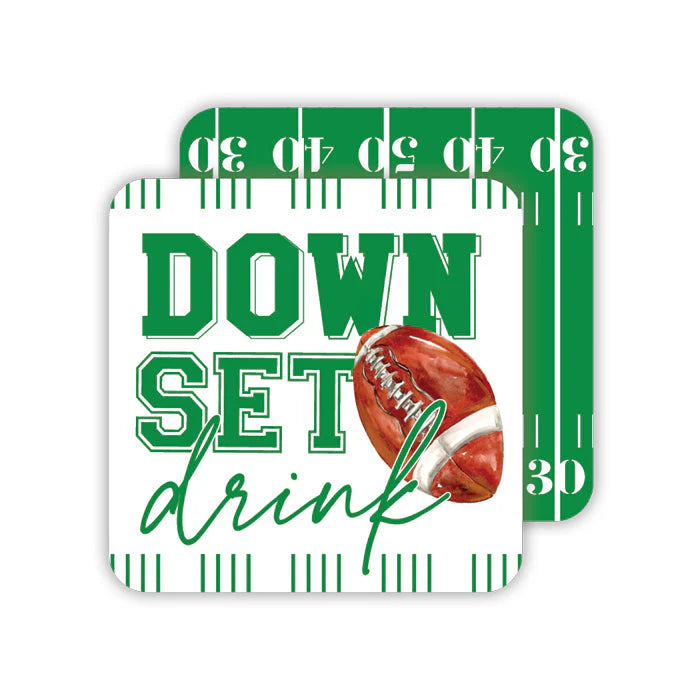 Coaster with football design and text 'GO GO GO GO DOWN SET drink' on a white background
