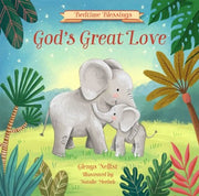Book cover of 'God's Great Love' with elephants and tropical plants
