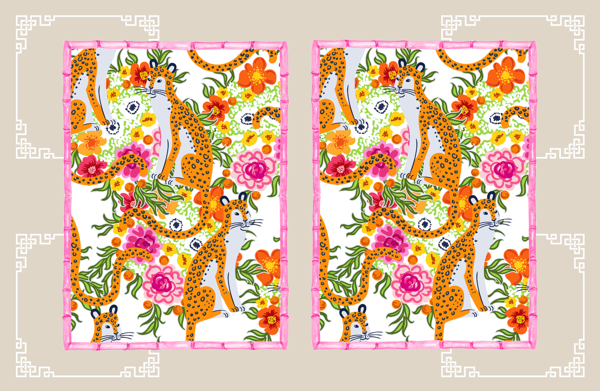 Two identical  panels with leopards and flowers on a beige background