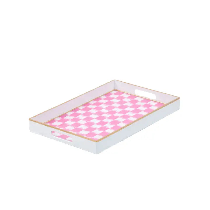 Rectangular tray with pink geometric pattern on a white background