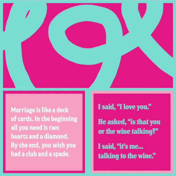 Card with humorous text about marriage and wine on a pink and teal background