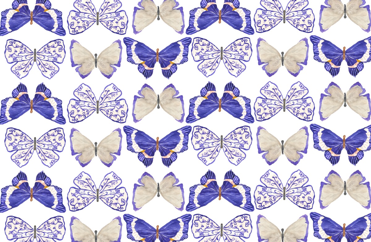 Pattern of blue and white butterflies on a TAYLOR GRAY brand tray insert on a white background