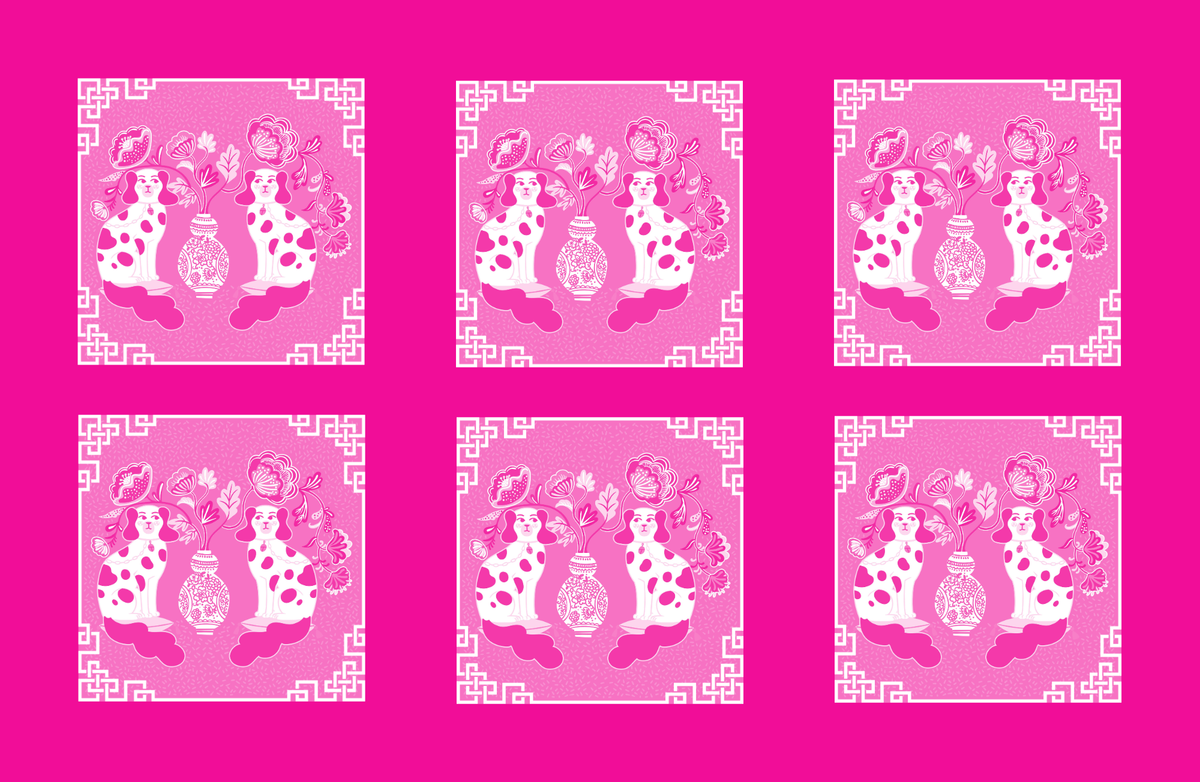 Repeating pattern of cartoon characters with a pink background