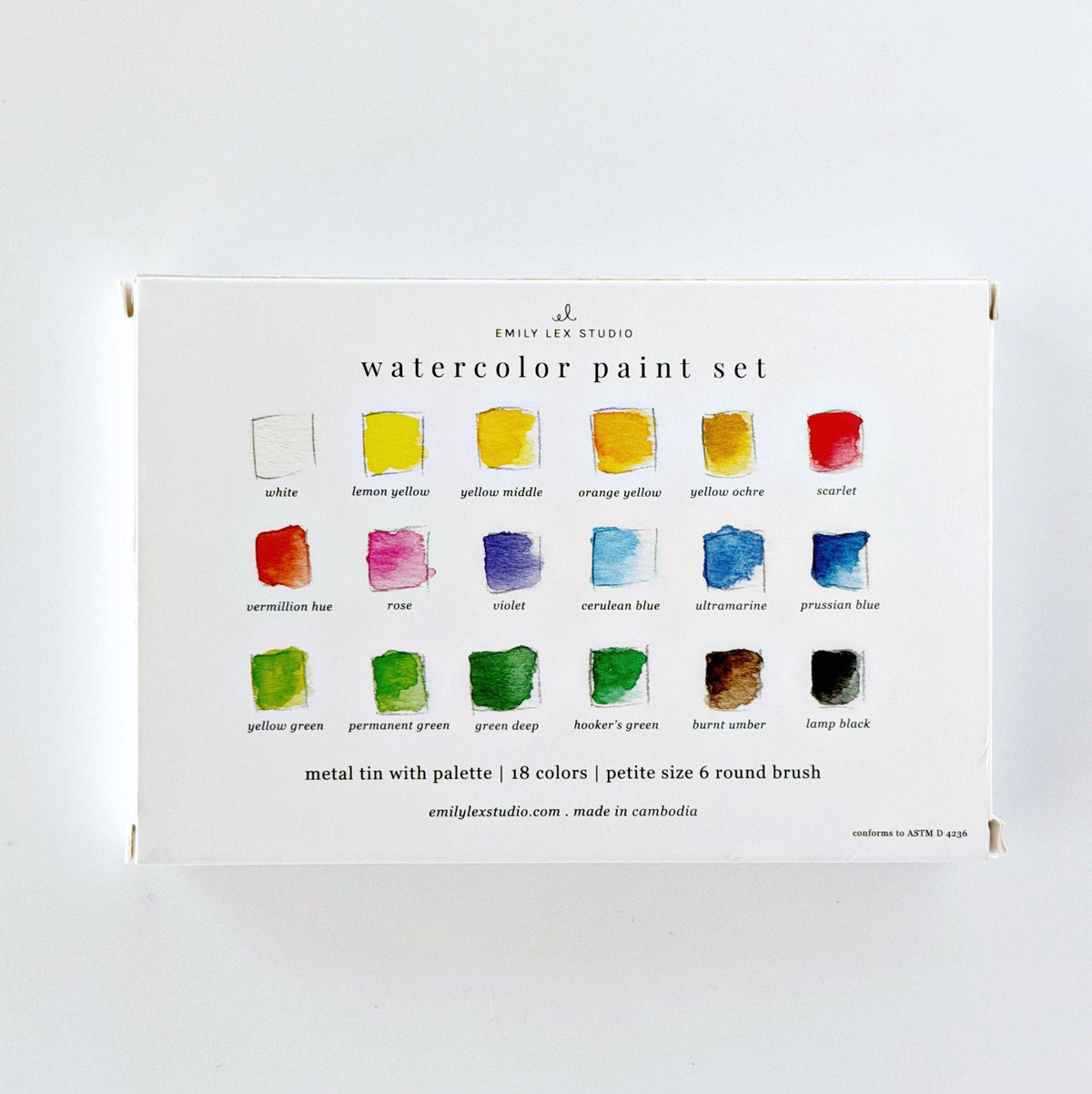 Emilie Lee Studio watercolor paint set with color swatches on a white background