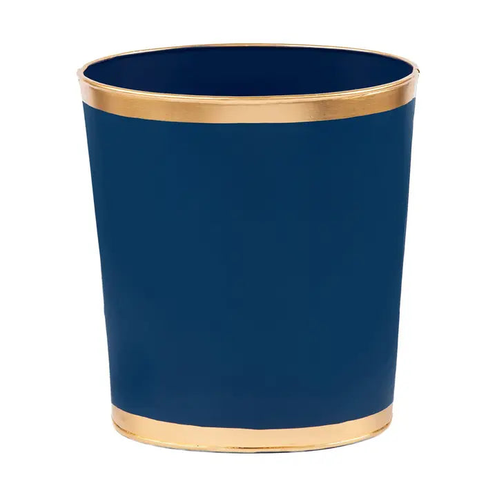 Blue trash can with gold rim on a white background