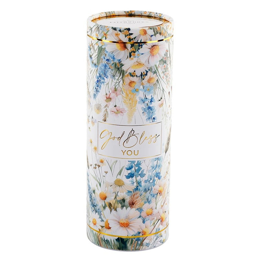Tall cylindrical container with floral design and 'God Bless You' text on a white background