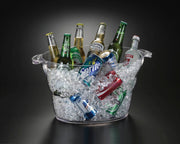 Huang Acrylic Brand 14 QT beverage tub filled with various bottles including Sprite, Corona, and Heineken on a dark background