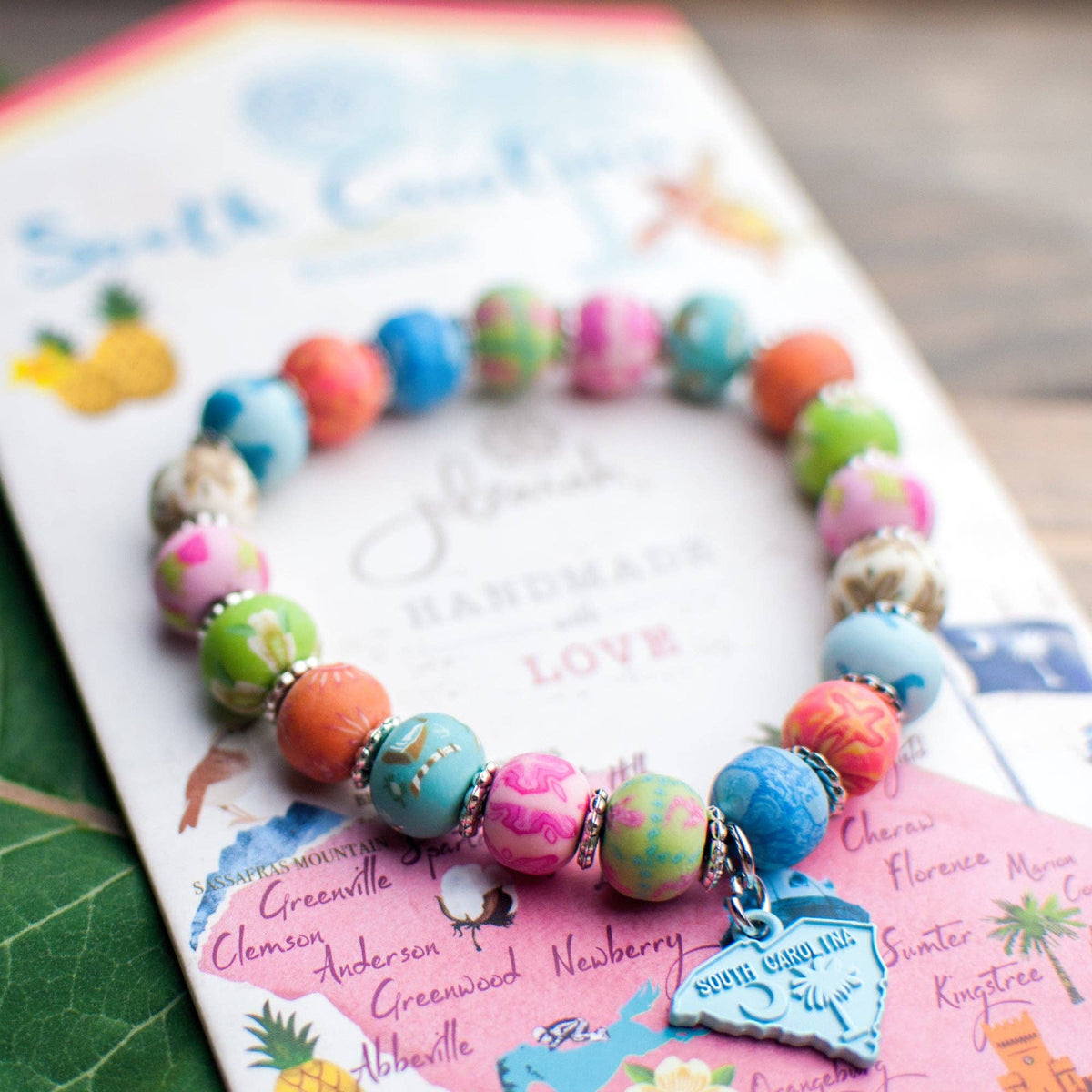 Ocean Teal & Coral Handmade Clay Bead Bracelet - South Carolina State Pride & Souvenir Gift