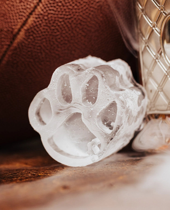 White paw-shaped object on a wooden surface with a blurred background
