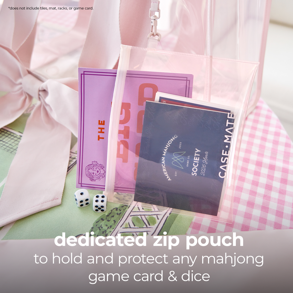A clear zip pouch with a pink interior and trim, shown holding pink and navy game cards and white dice, with text reading 'dedicated zip pouch to hold and protect any mahjong game card & dice.'.