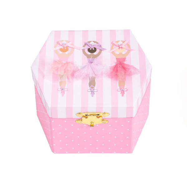 Pink jewelry box with ballerina design on a white background