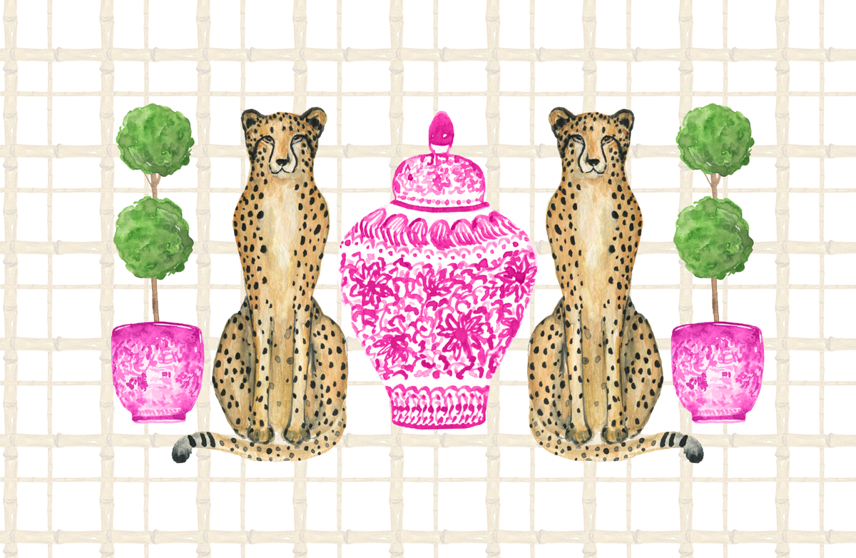Two cheetahs flanking a pink decorative urn on a grid background