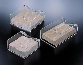 Three Huang Acrylic Brand clear acrylic napkin holders with brown napkins on a dark background