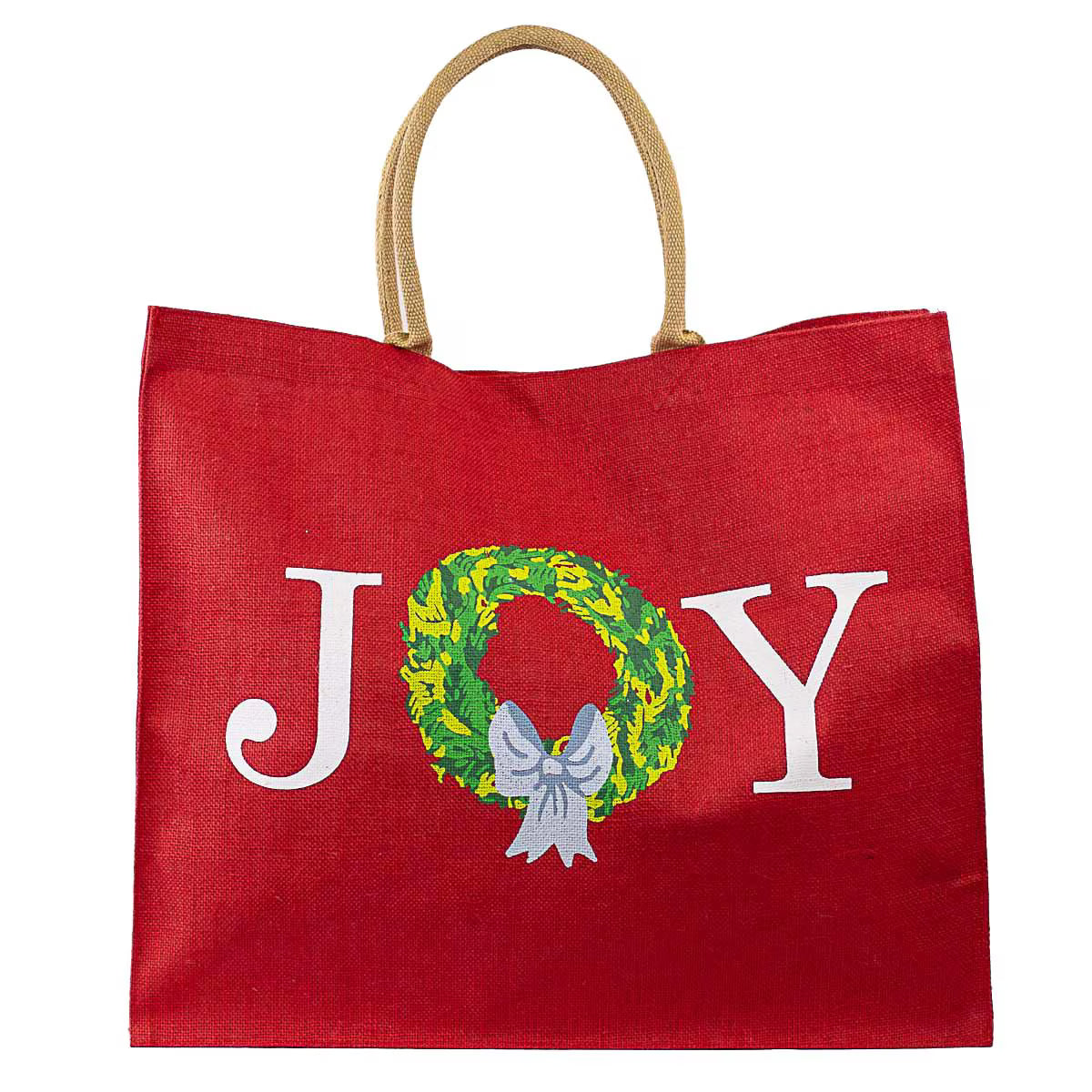 Red tote bag with 'JOY' and Christmas wreath design on a white background