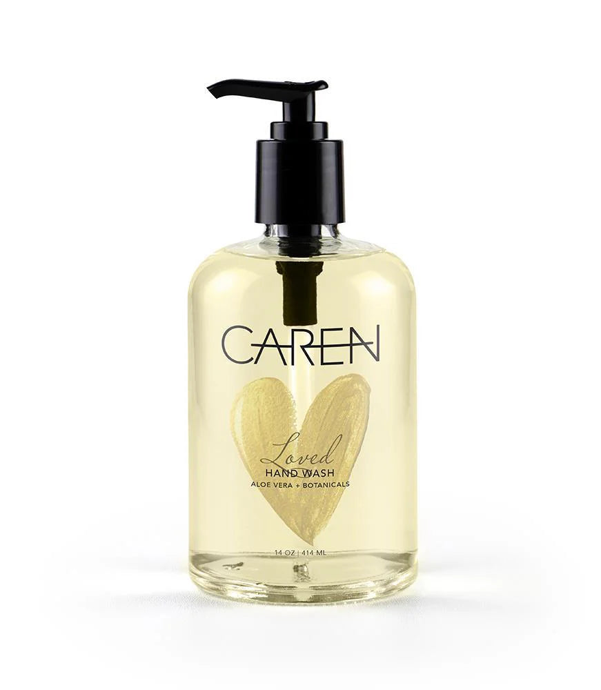 Bottle of Caren Lavish Hand Wash with a heart design on a white background
