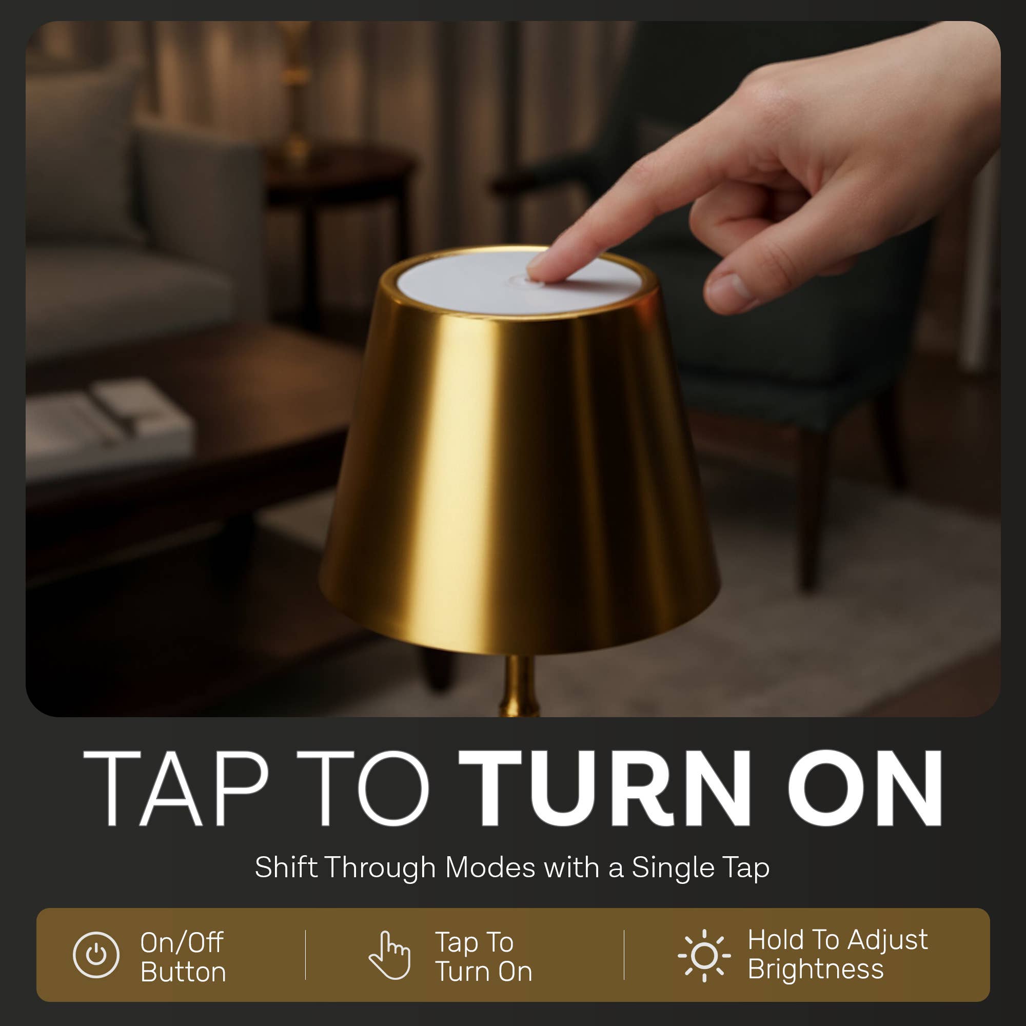 Gold lamp with a hand pressing a button in a living room setting