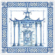 Roseanne Beck Blue and white paper placemat  design of a pagoda with intricate lattice work on a white background