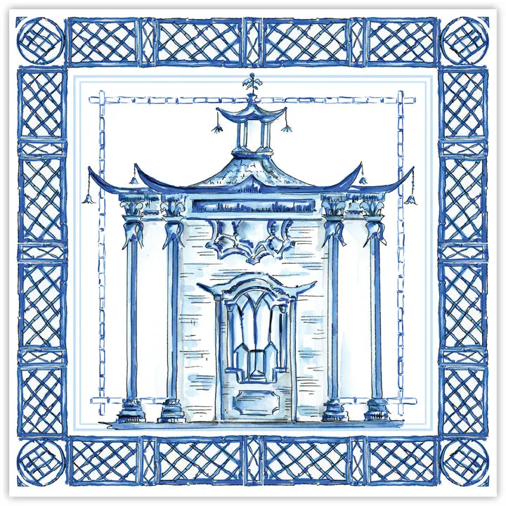 Roseanne Beck Blue and white paper placemat  design of a pagoda with intricate lattice work on a white background