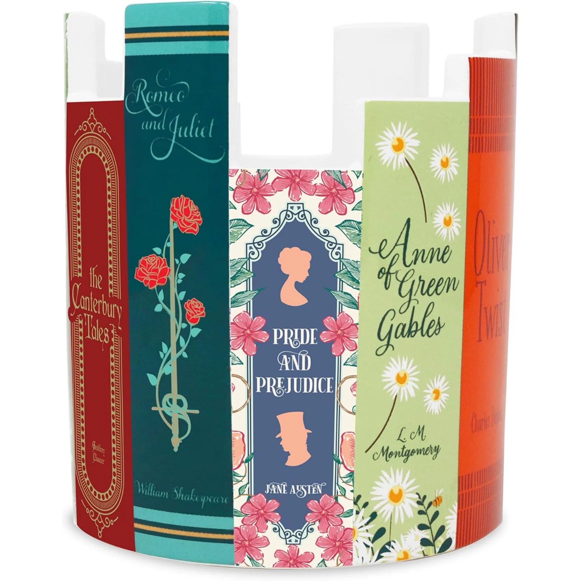 book-themed vase in decorative cylindrical holders on a white background
