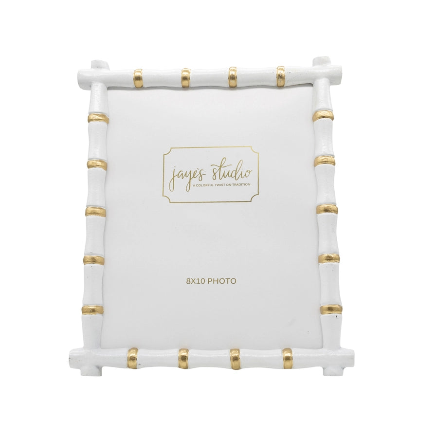 White photo frame with gold accents and 'Jaye's Studio' branding on a white background