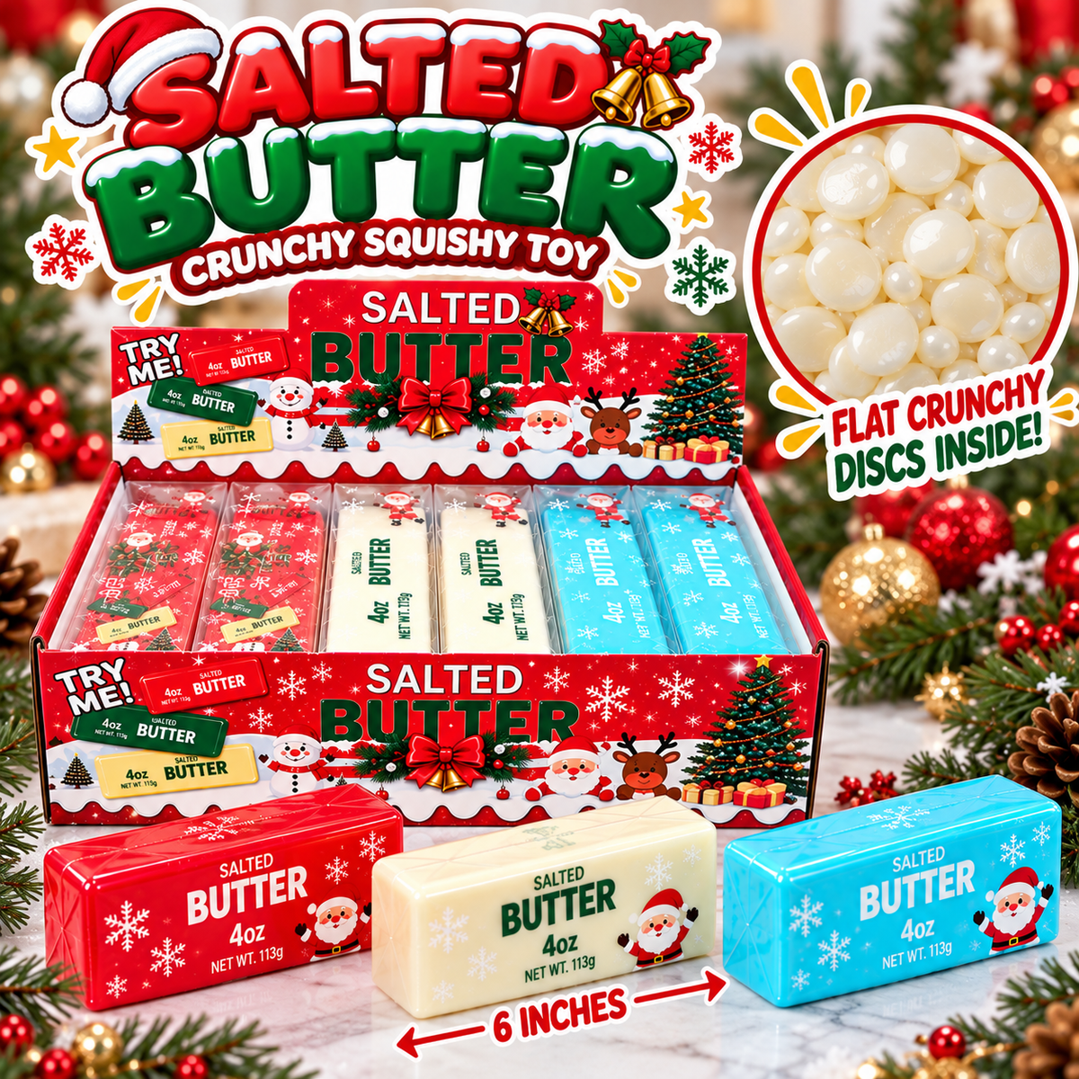 Display that has text of Salted Butter Crunchy Squishy Toy in red display box and a red yelow and blue butter toy in front with Christmas Graphics