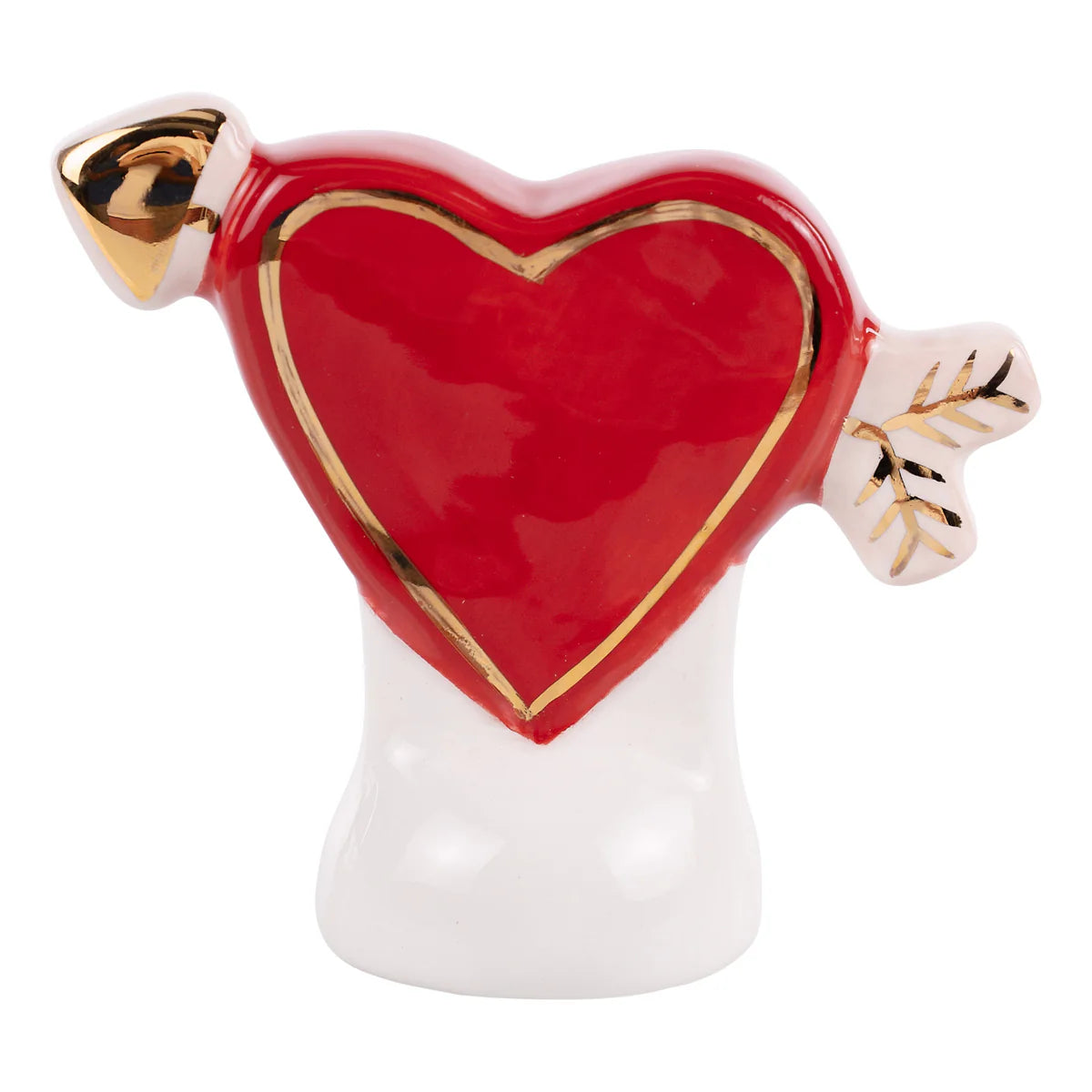Red heart-shaped object with gold accents on a white background