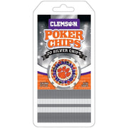Packaging of Clemson poker chips with a silver chip on a white background