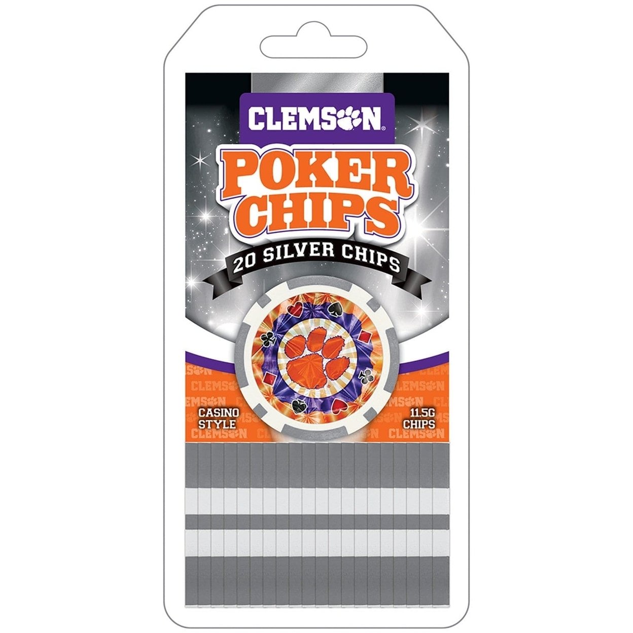 Packaging of Clemson poker chips with a silver chip on a white background
