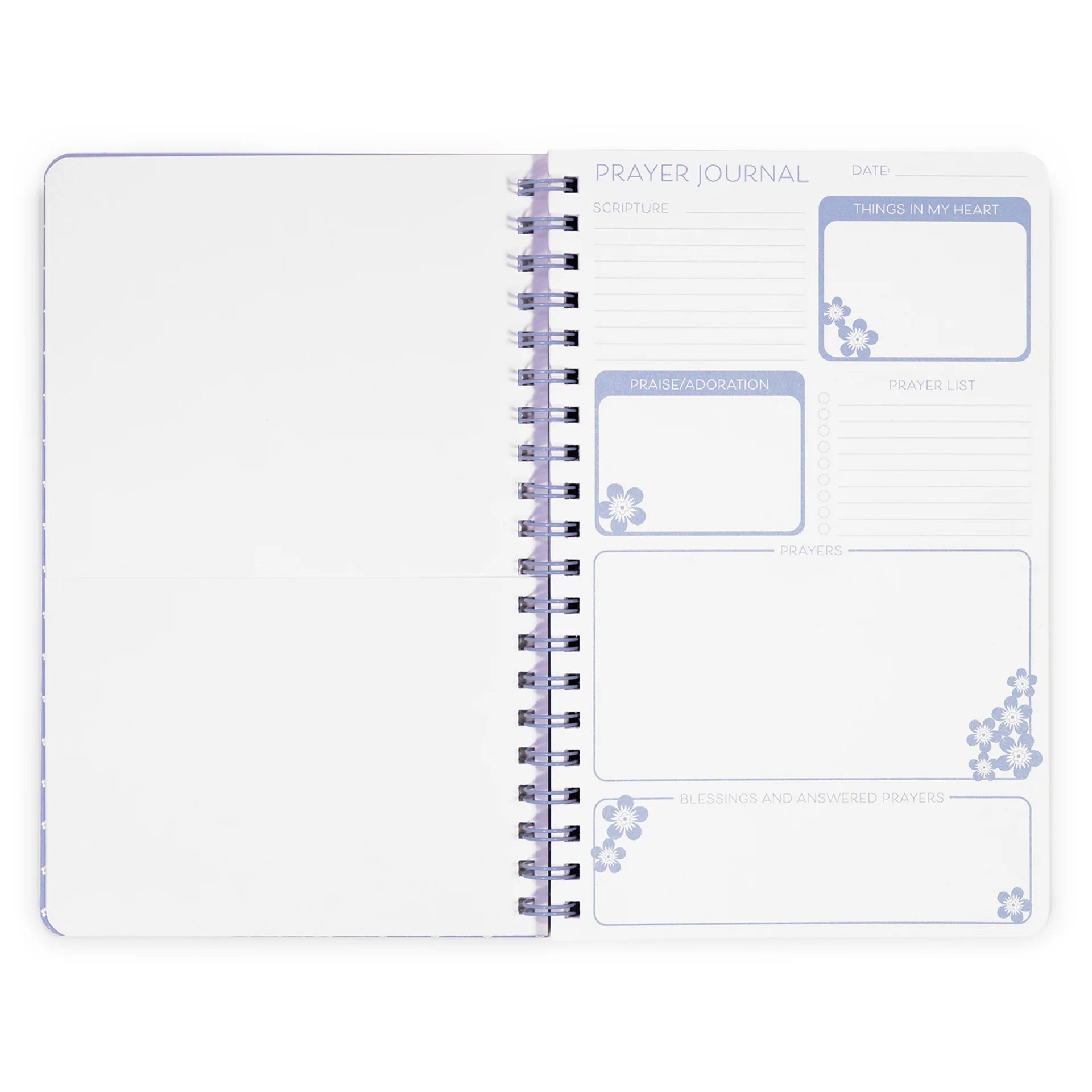 Prayer journal with spiral binding on a white background