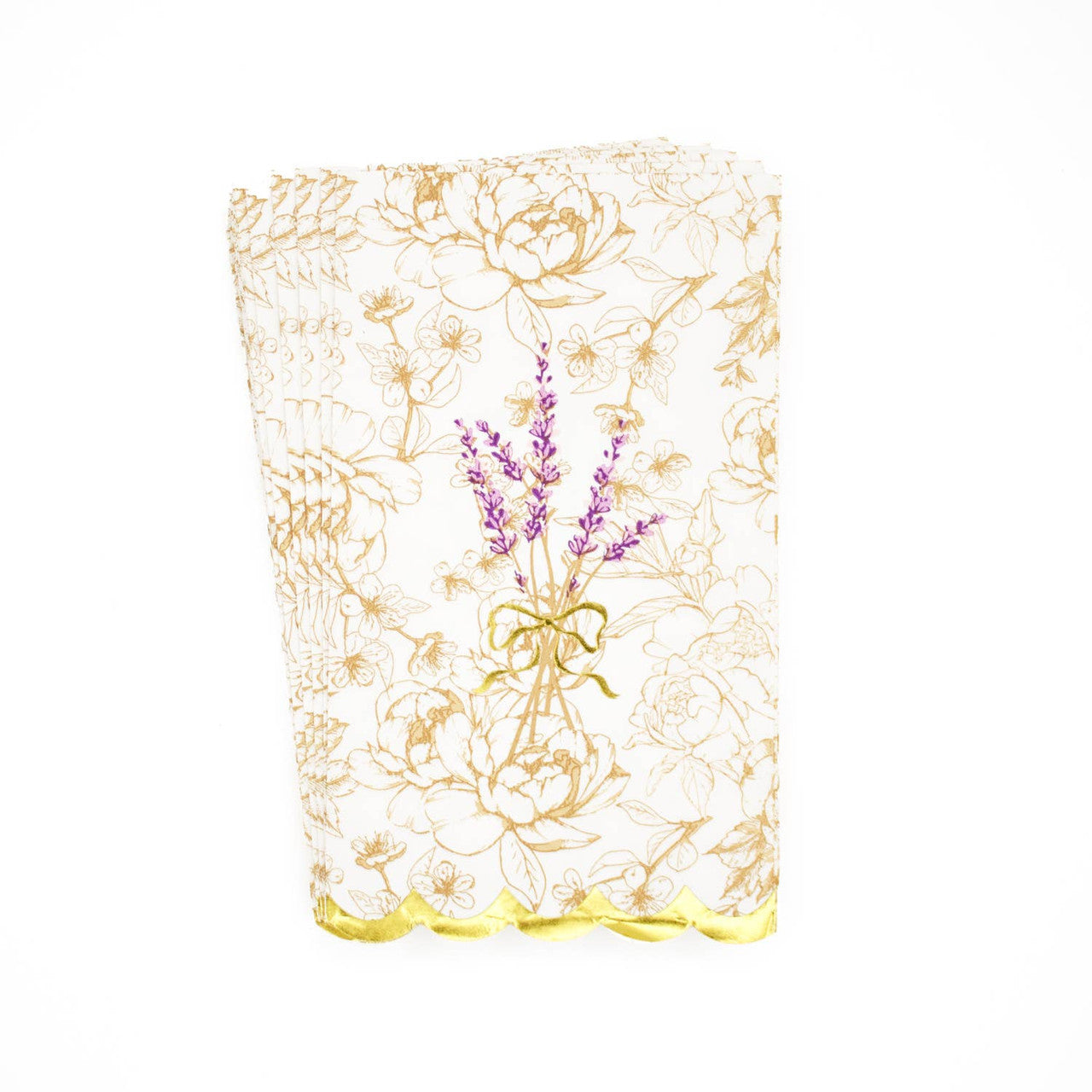 8 oak Lane Brand Decorative guest size paper napkins with floral design and lavender on a white background