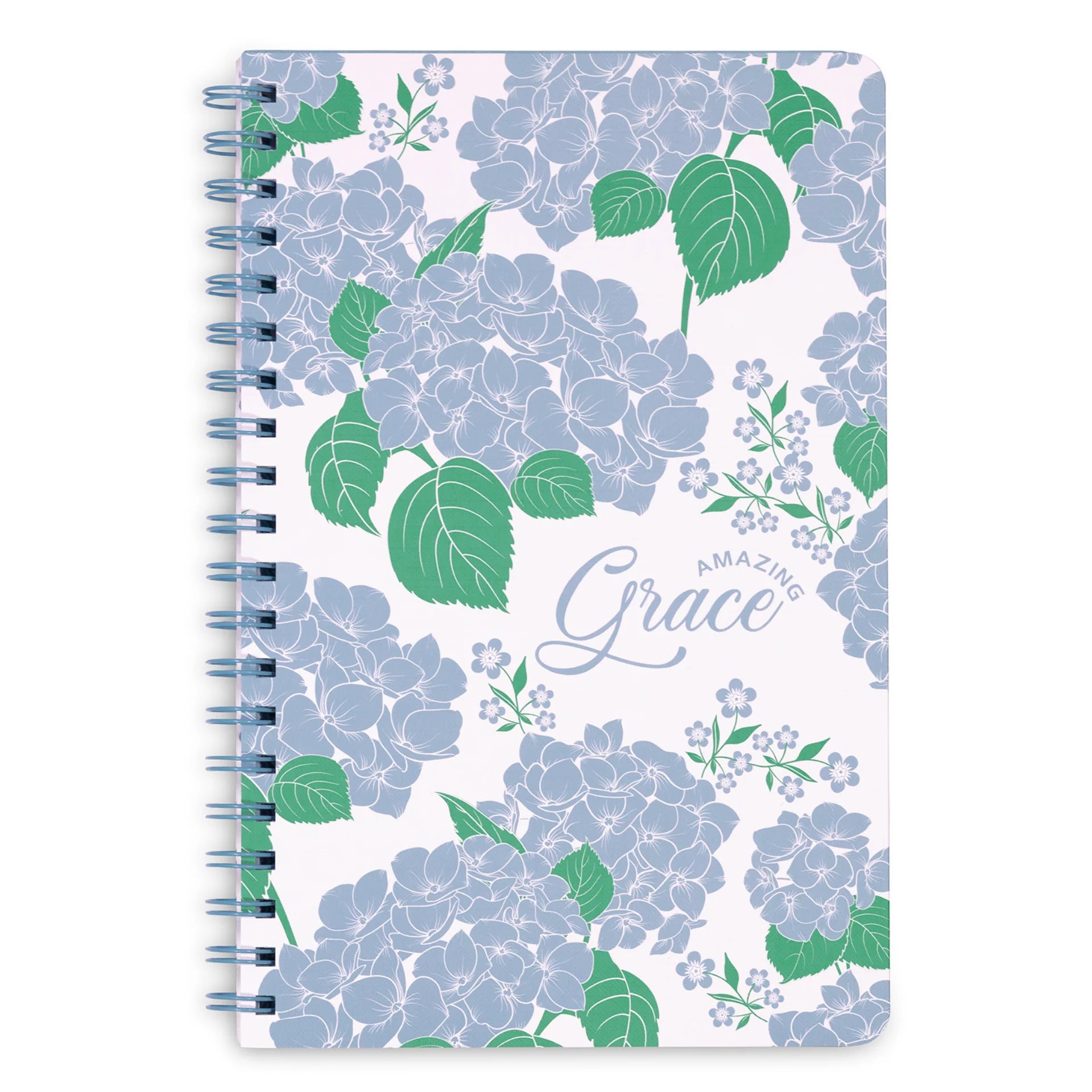 Notebook with blue floral design and 'Amazing Grace' text on a white background