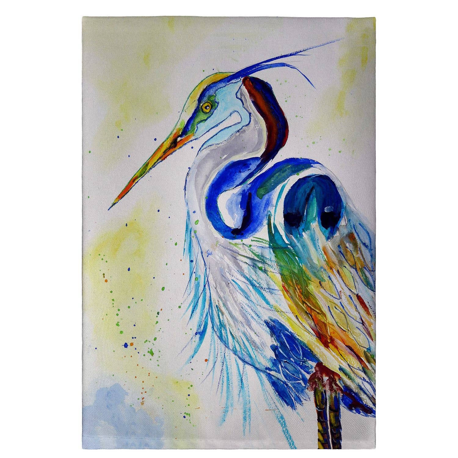 Colorful painting of a heron on a white background on a tea towel