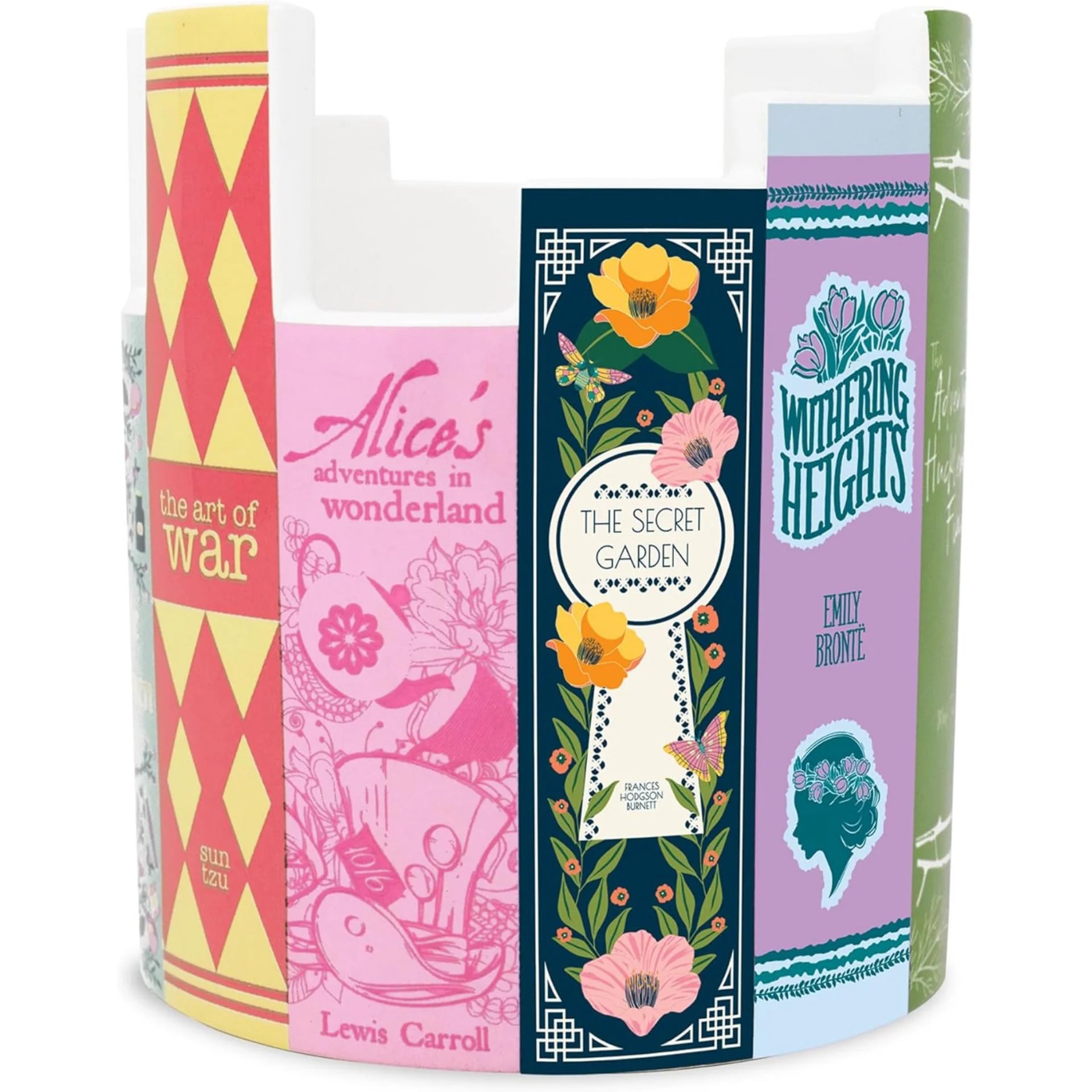 Collection of book spines vase with decorative covers on a white background