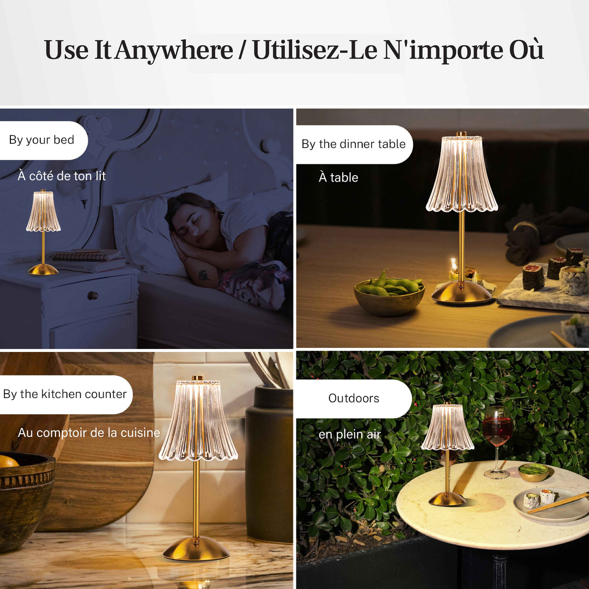 Brushed Gold Faux Crystal Cordless Table Lamp - Small Rechargeable Touch LED Accent Light for Bedroom, Desk & Nightstand