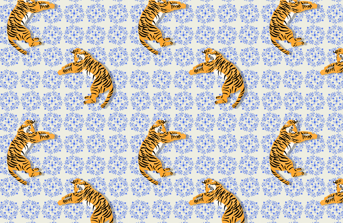 Pattern of tigers on a blue and white background