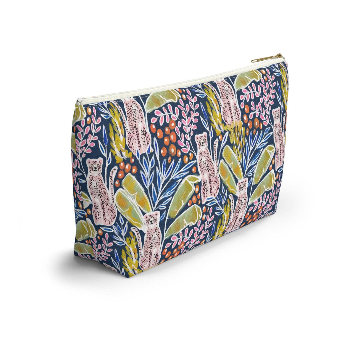 Rectangular pouch with a colorful animal and plant pattern on a white background