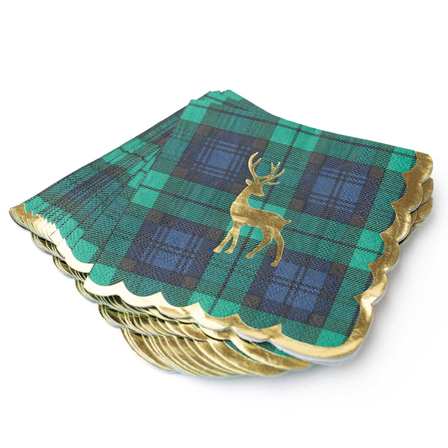  Oak Lane brand Green and blue tartan plaid cocktail napkins with gold scalloped edges and a gold deer design on a white background