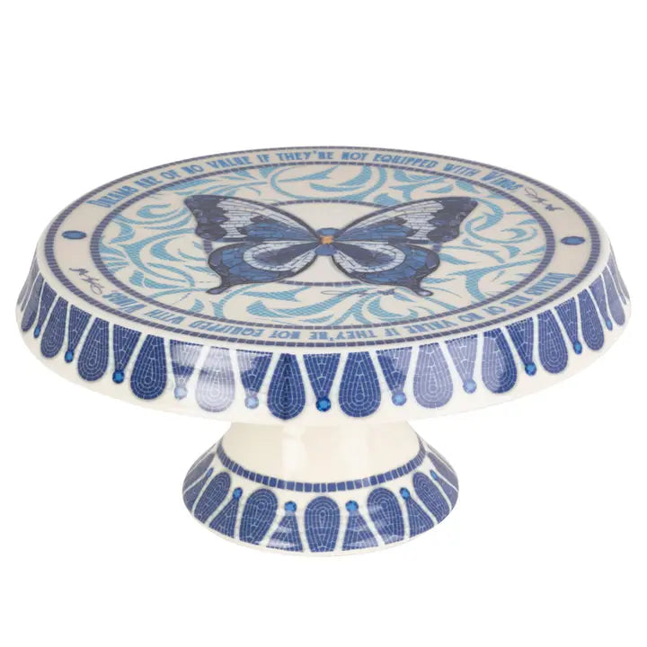 Blue and White Cake Stand with a Butterfly Design on a white background