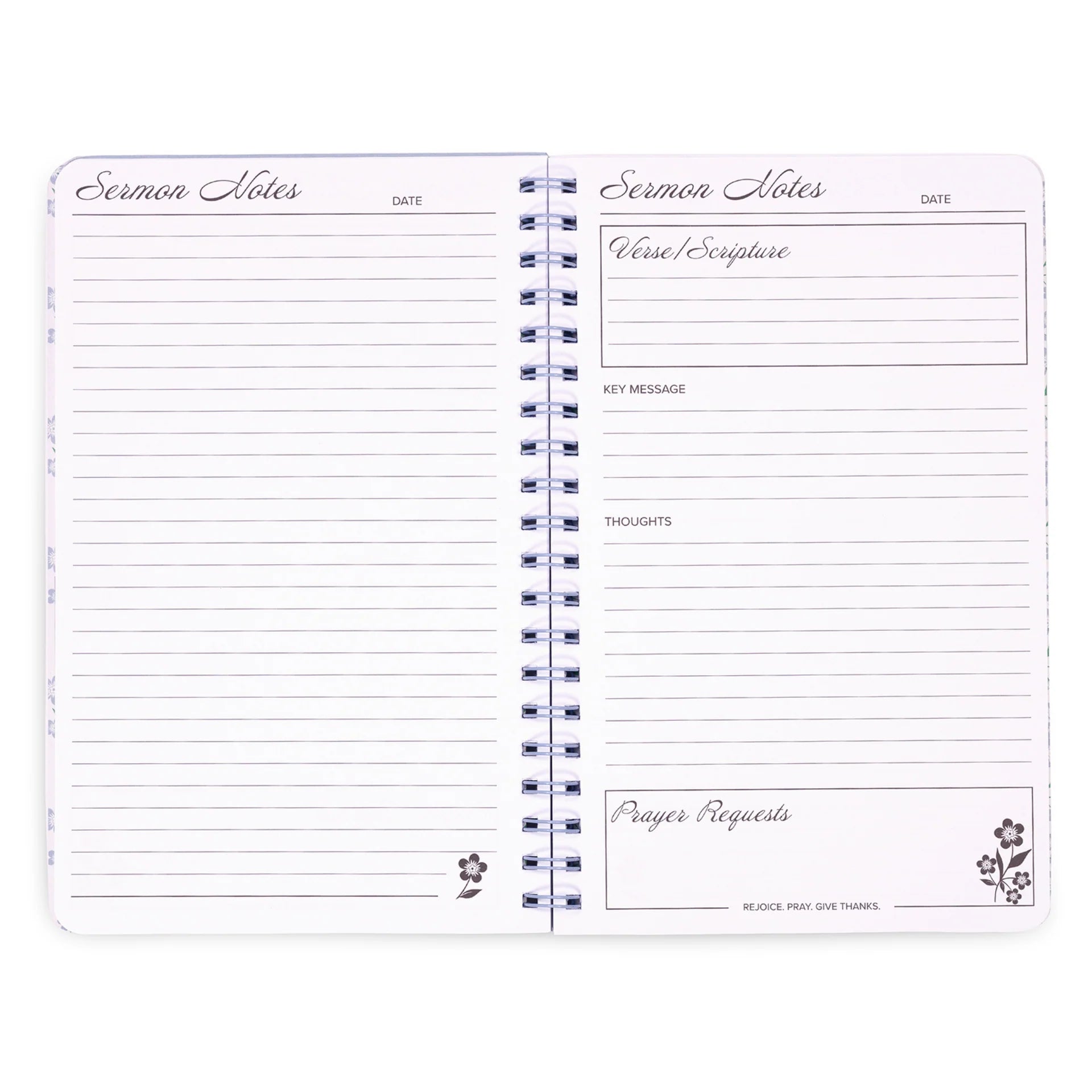 Open spiral-bound notebook with sermon notes layout on white background