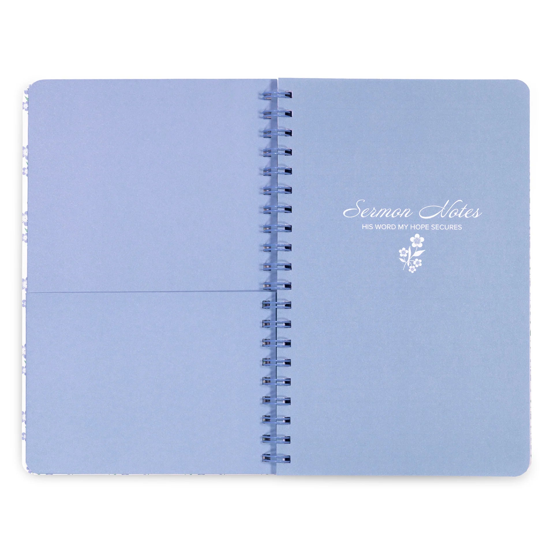 Light blue notebook with spiral binding and text on a white background