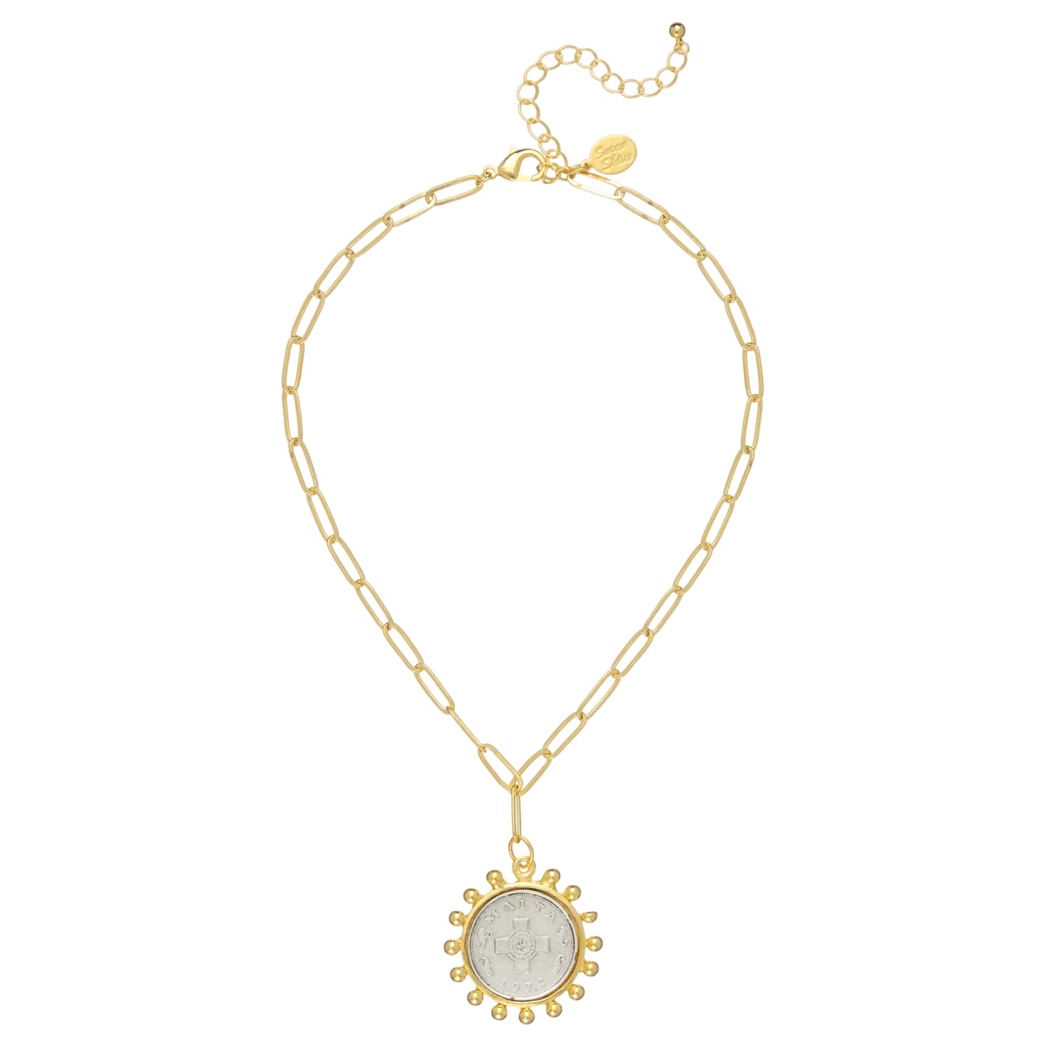 Gold necklace with a pendant on a white background, featuring the brand 'Susan Shaw'.