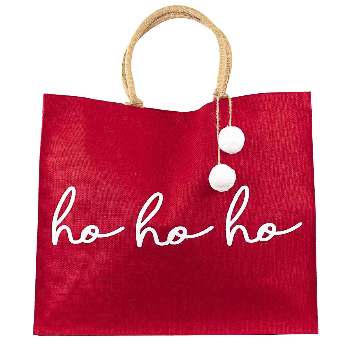 Red tote bag with 'ho ho ho' text and pom-pom details on a white background