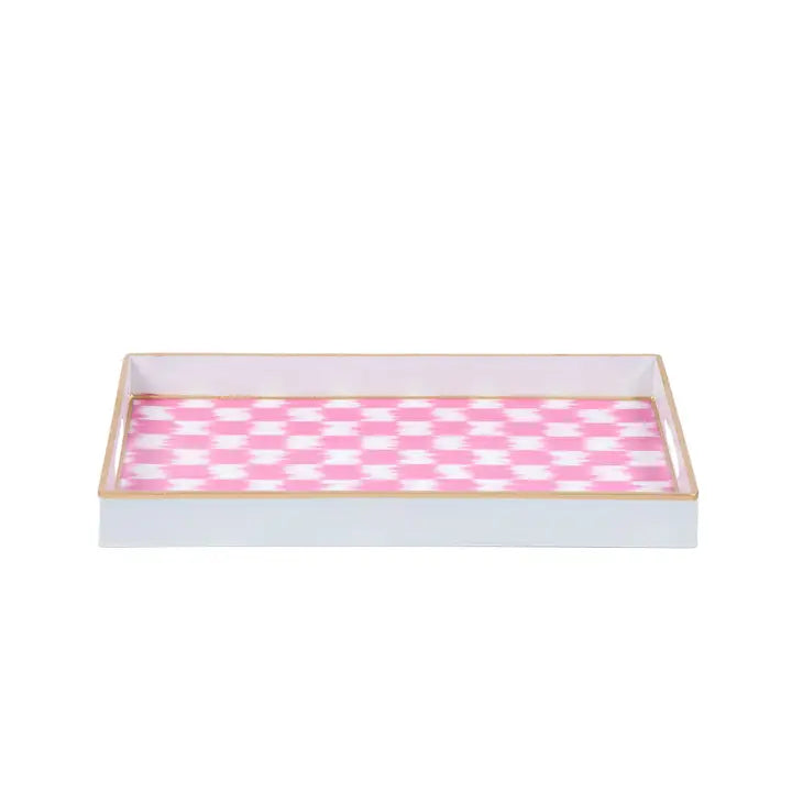 Rectangular tray with pink and white checkered pattern on a white background