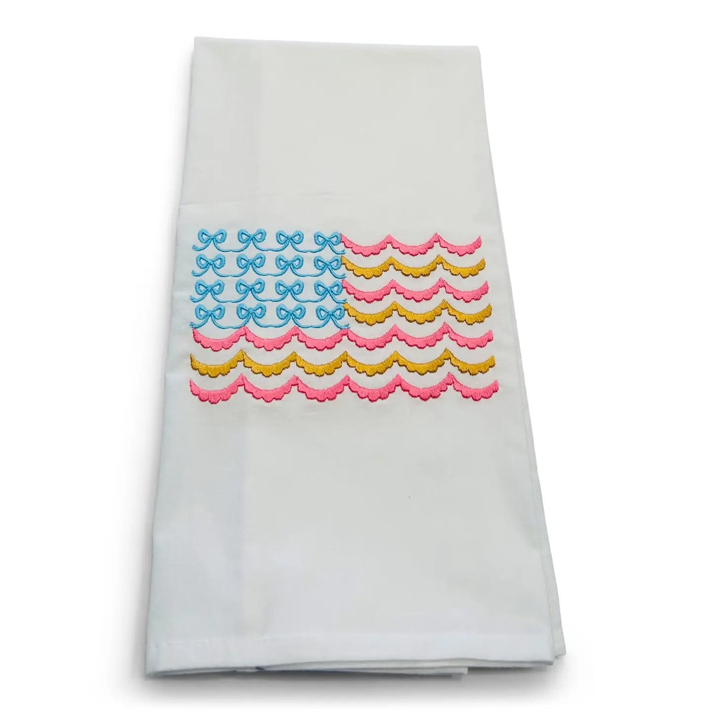 Bows & Banners American Flag Tea Towel – Whimsical Patriotic Kitchen Décor
