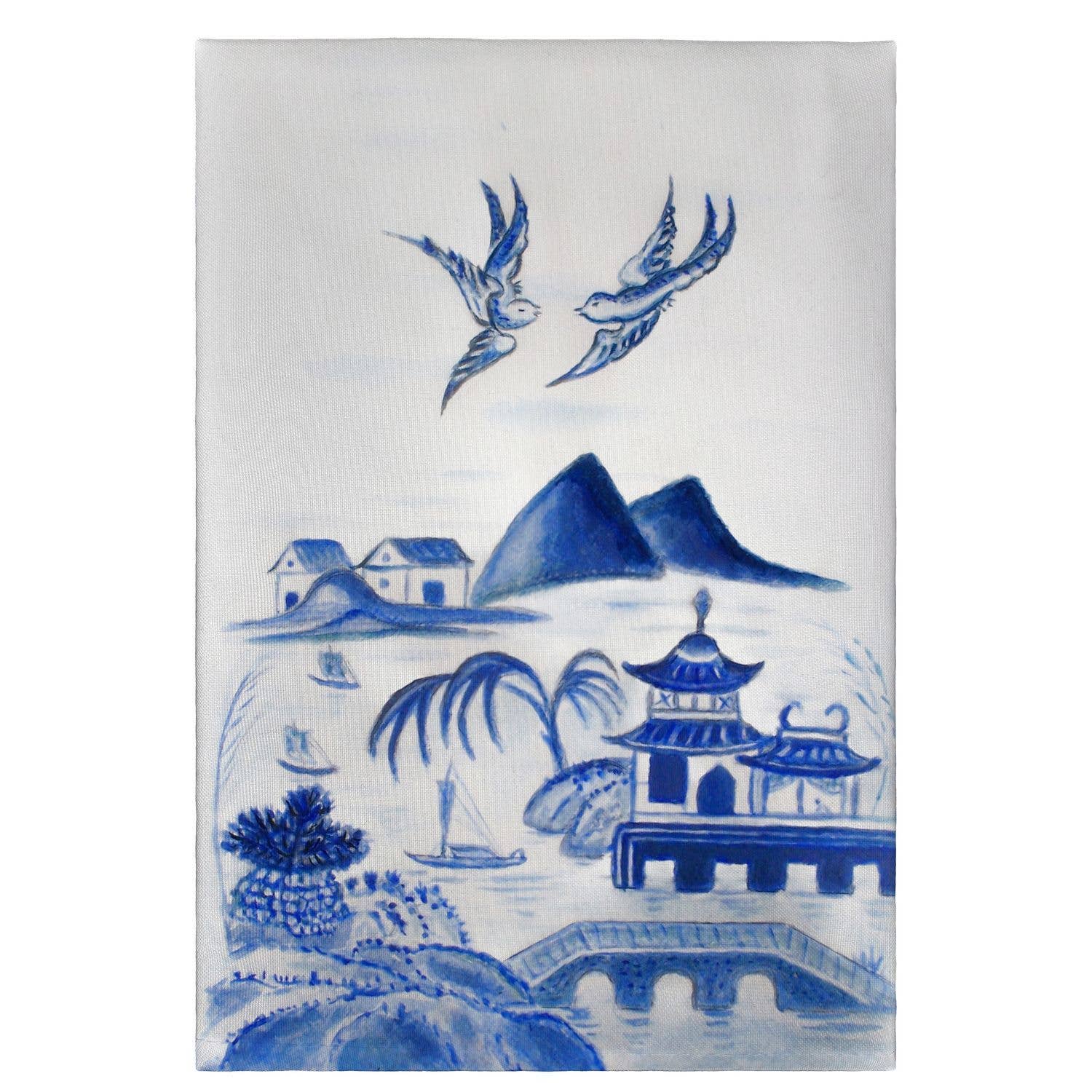 Decorative tile with blue and white landscape design featuring mountains, buildings, and birds.
